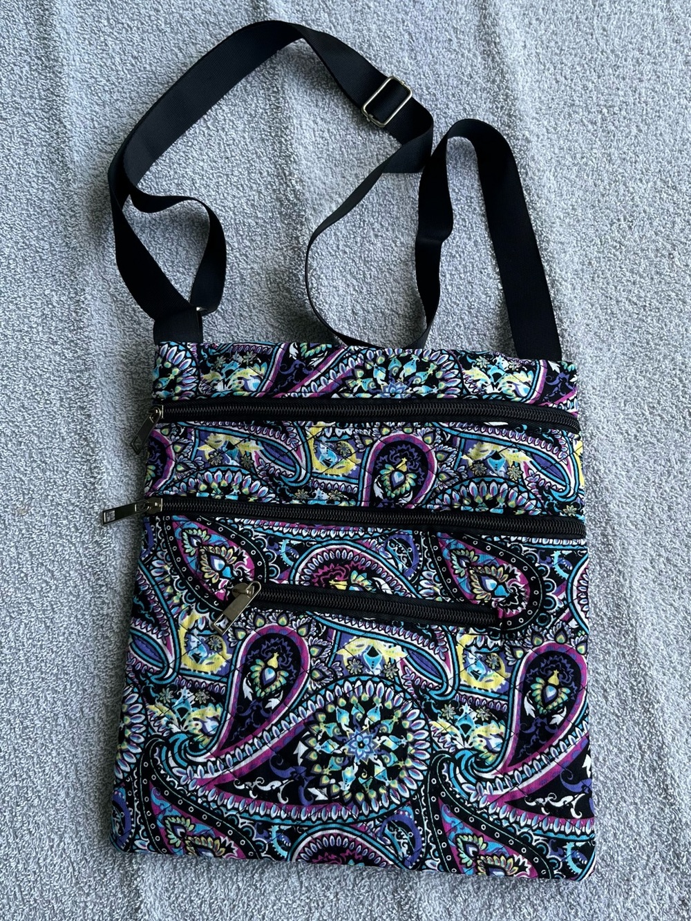 Crossbody Shoulder Bag in Black and Purple Paisley
